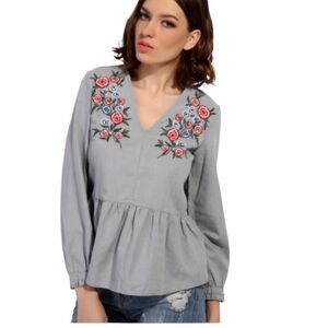 Zara Floral Embroidered Gray Blouse small peplum boho chic cottagecore floral